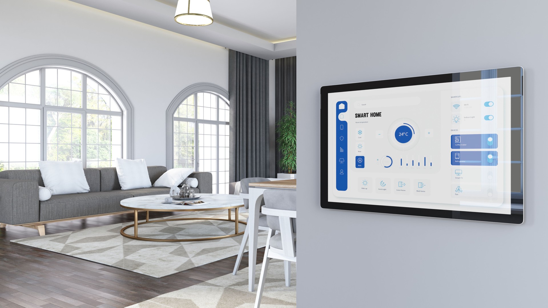 Smart Home System Device on Modern Living Room Interior's Wall
