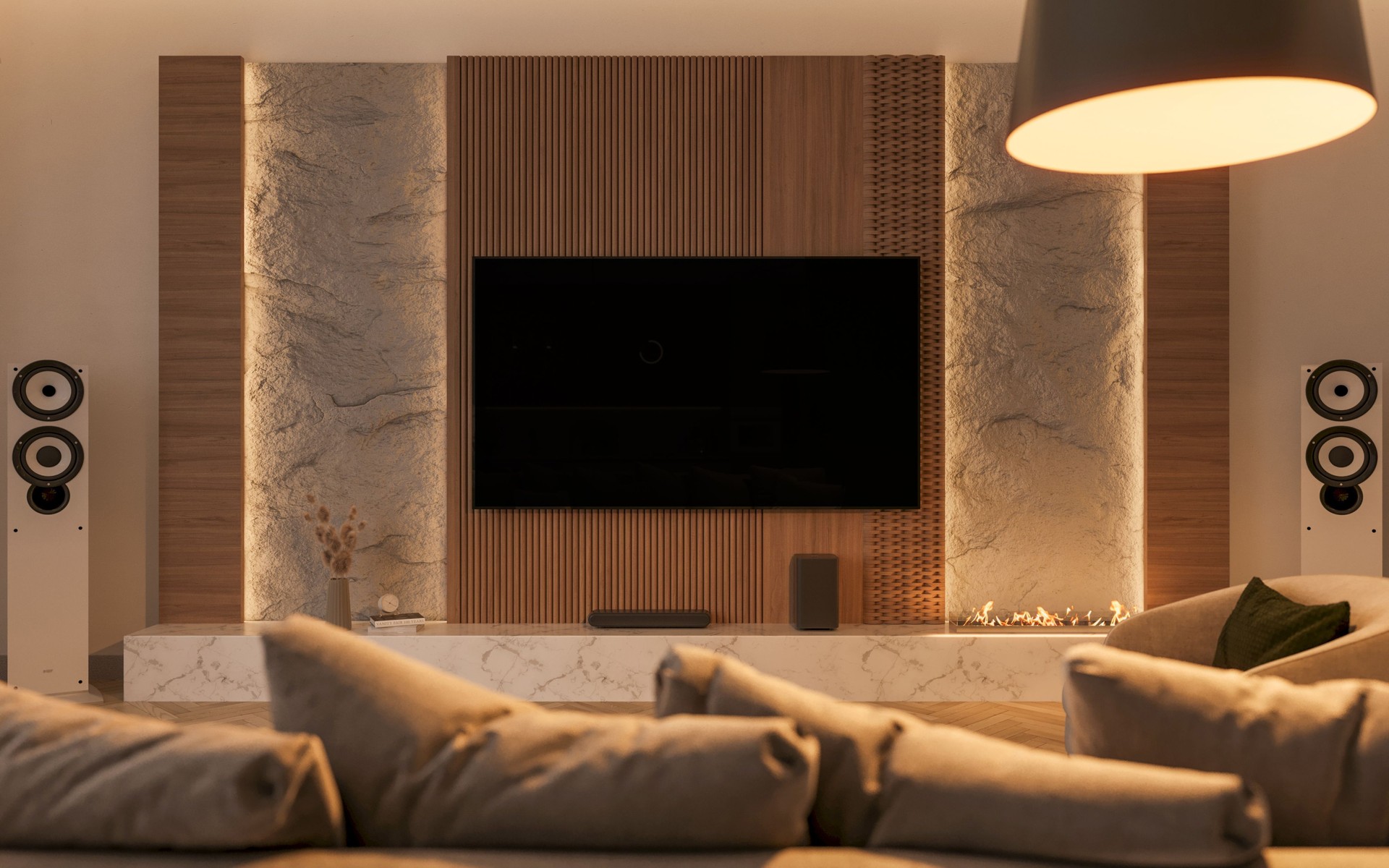 A TV mockup displayed in a modern, cozy living room. 3D render