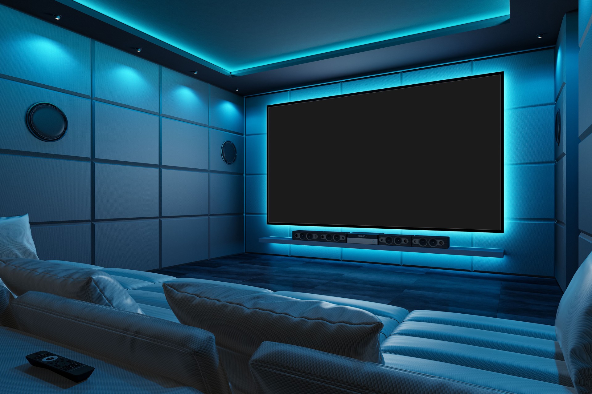 Luxurious Home Cinema with Cyan Blue Ambient Lighting and Soundproofing and Black Screen